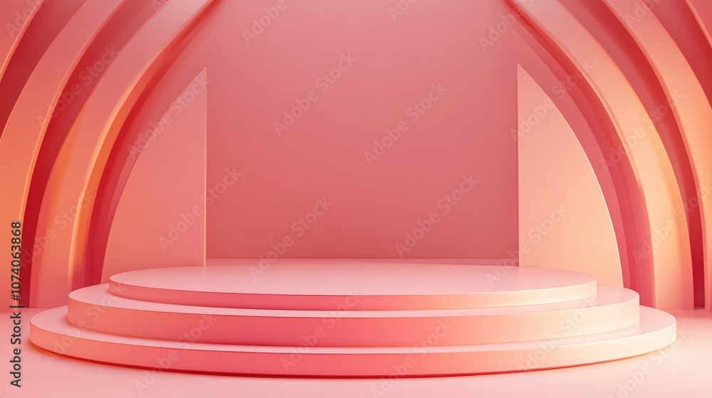 Poster Minimalist abstract pink backdrop featuring an empty podium and pastel hues designed for modern stage display or showcase 3D rendering