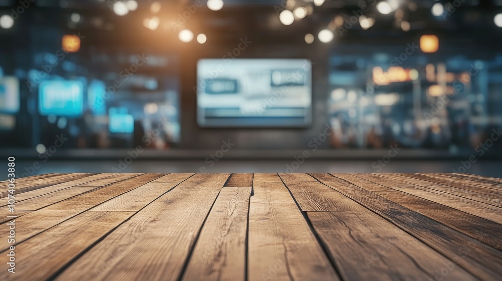 Poster Wooden table and LCD backdrop in a news studio environment 3D rendering
