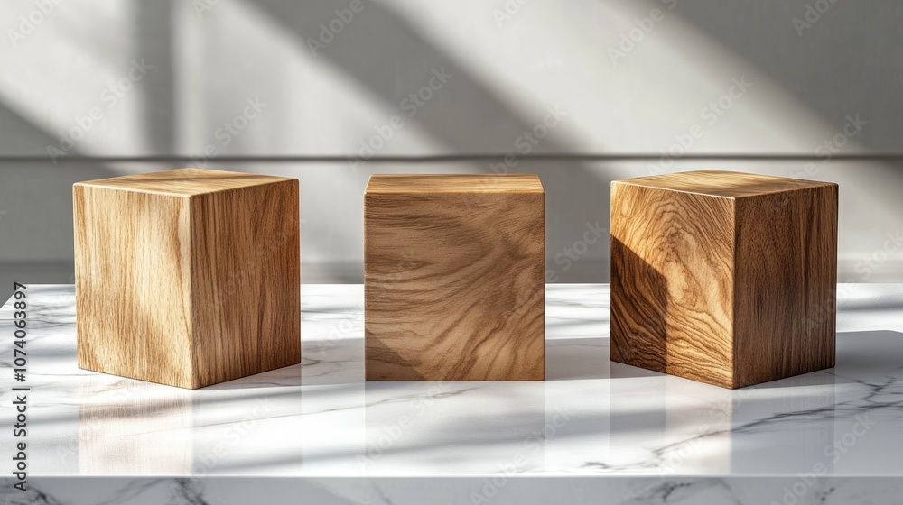 Poster three wooden block stages rendered in 3d on a white marble table surface suitable for product advert
