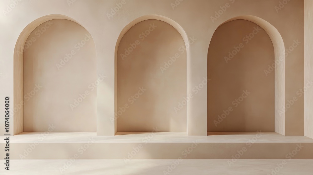 Poster Simple geometric symmetrical elements in a product display background with a beige pastel color and a recessed wall in 3D rendering