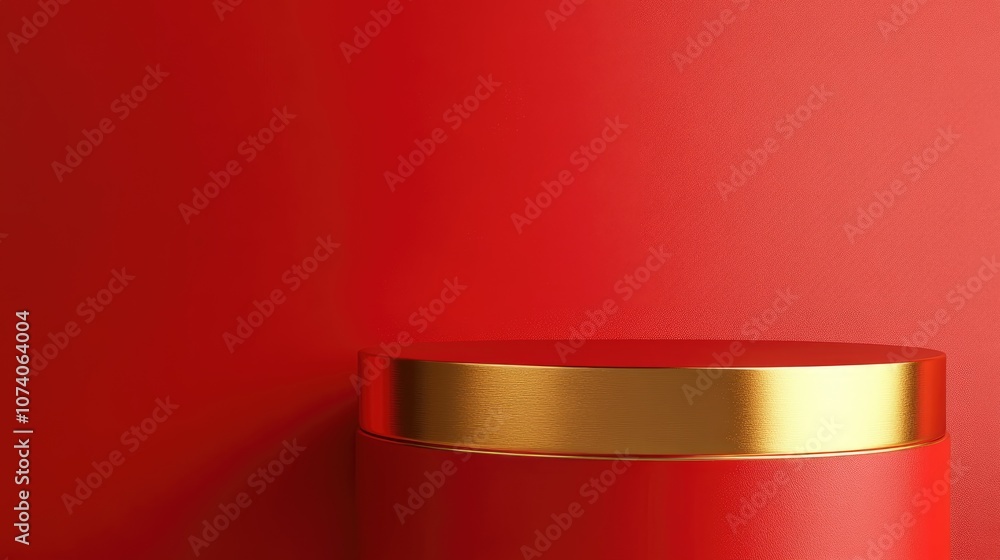Poster red cylinder podium with a golden band against a red and gold backdrop designed for showcasing produ