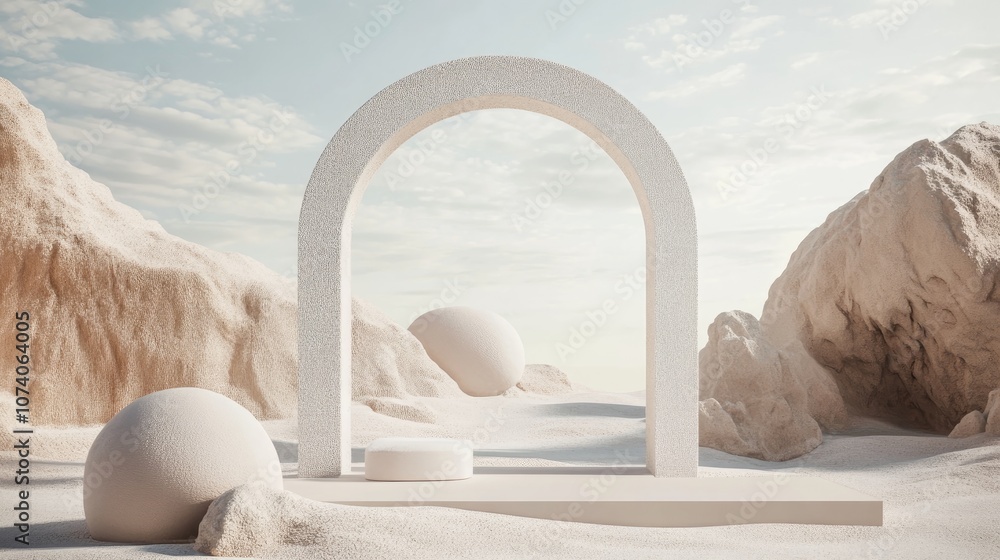 Aufkleber Abstract desert backdrop featuring geometric shapes A natural beauty display setting with an arch frame for showcasing products 3D rendering