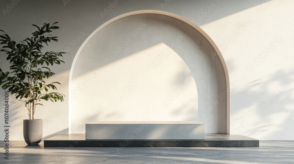Poster geometric shape podium displayed on a wall 3d rendering