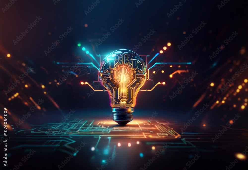 Poster a glowing light bulb, with a complex circuit pattern, sits on a circuit board with glowing lines.