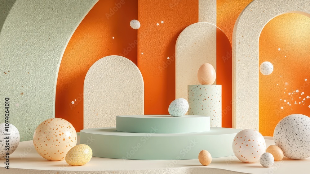 Aufkleber 3D rendering of a podium in modern colors featuring an egg hunt theme Background includes plates with curved shapes complemented by two podiums surrounded by spheres and eggs