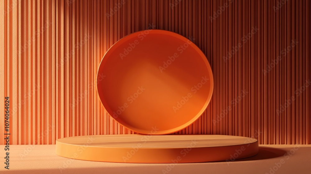 Aufkleber Minimalistic background featuring a podium display with modern geometric shapes in orange ideal for showcasing concepts in a 3D rendered scene