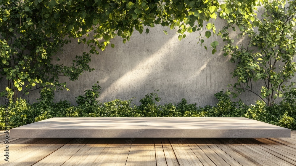 Poster Wooden platform with terrazzo surface featuring shaded trees and ivy against a wooden backdrop Abstract background for product displays 3D rendering