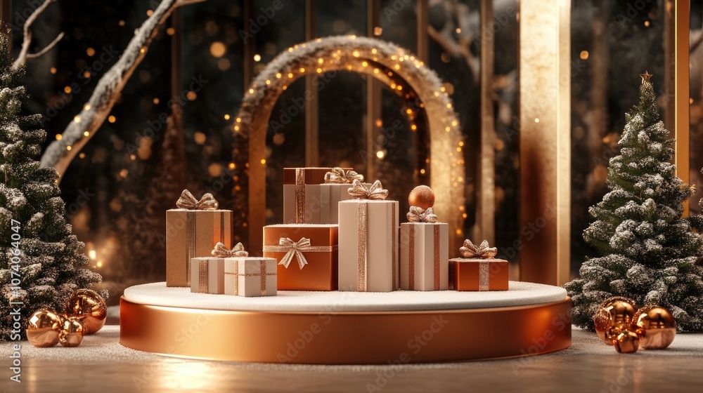 Poster christmas themed podium for branding and packaging showcase display featuring gift boxes in a festiv