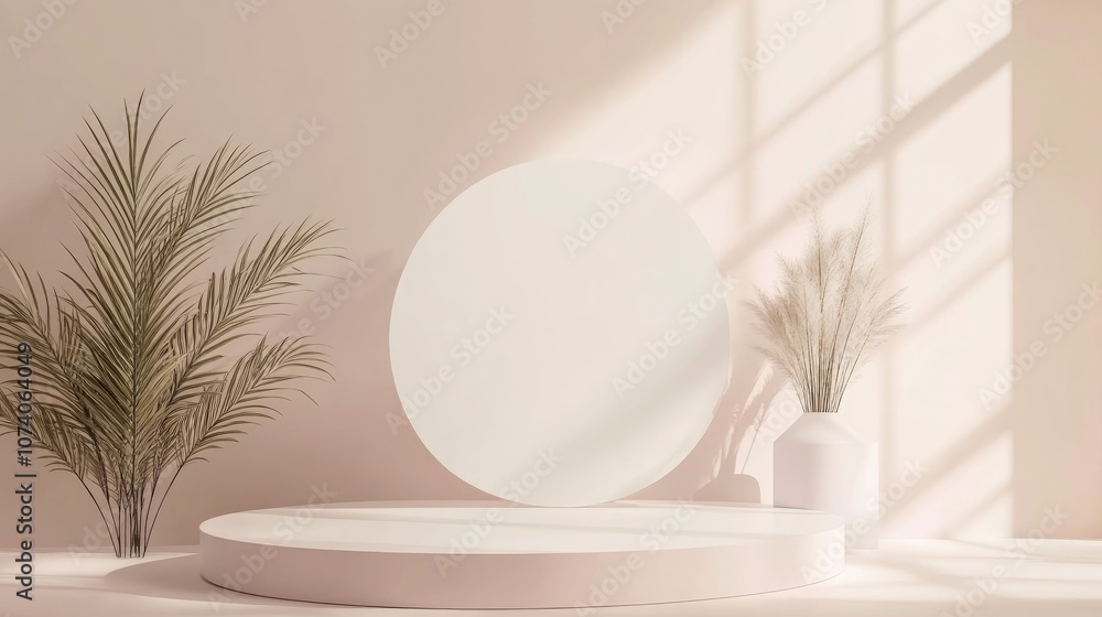 Poster Abstract white geometric shape background with a minimalist podium mock up scene 3D rendering