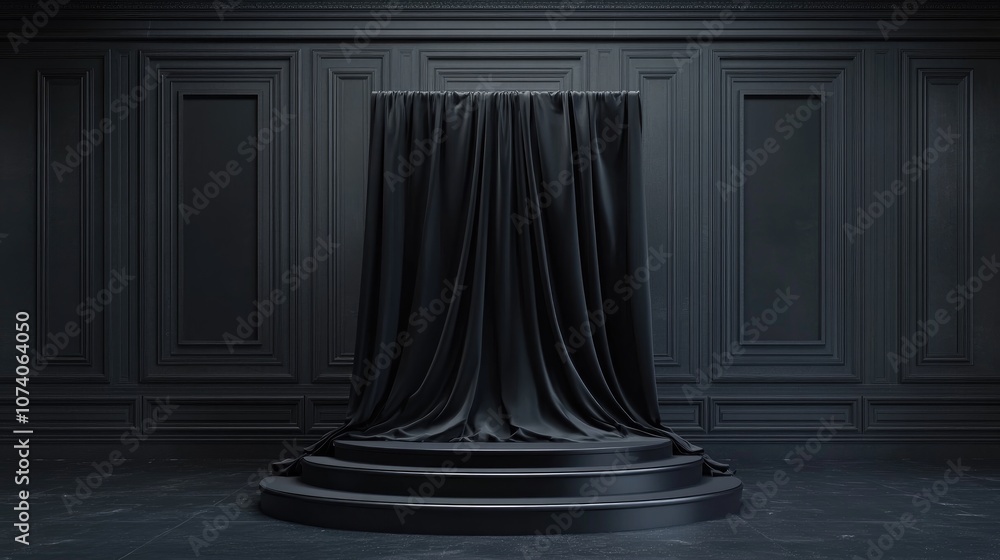 Poster empty podium draped in black cloth 3d rendering