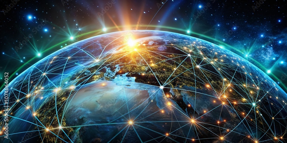Poster captivating low light photography of earth rotating with number and line connections, showcasing a g