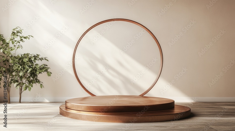 Poster Premium podium stand 3D rendering illustration featuring a modern minimalistic luxury rose gold platform designed for fashion presentations showcasing a blank empty studio with an abstract circula