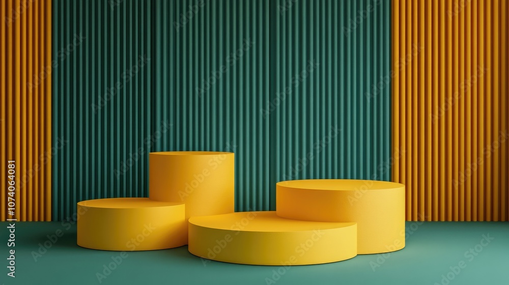 Poster yellow podiums on a green background with geometric shapes 3d render