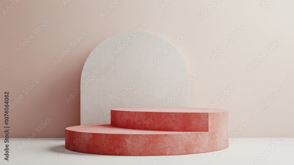 Poster Abstract 3D rendered shape designed for product placement featuring ample copy space Modern red step cube podium set against a blank background embodying a minimal studio aesthetic 3D illustration