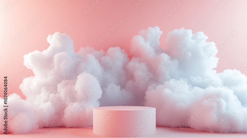 Poster 3D rendering of a minimal podium scene featuring clouds against a pink pastel background showcasing an abstract platform with a cylindrical display stand