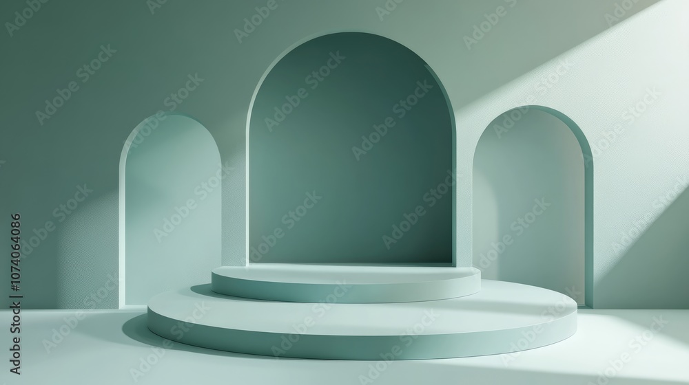 Poster Minimalist scene featuring a corner podium with an abstract backdrop Geometric shapes set against a blue and green pastel palette 3D rendering of geometric forms with a blue background
