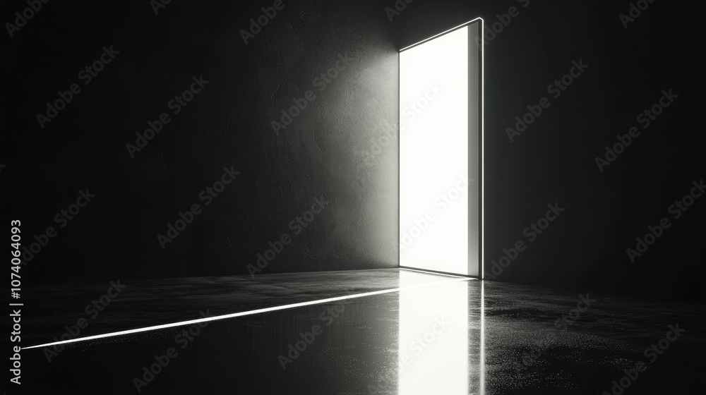 Poster 3d render of an abstract black geometric background featuring bright white light streaming through a