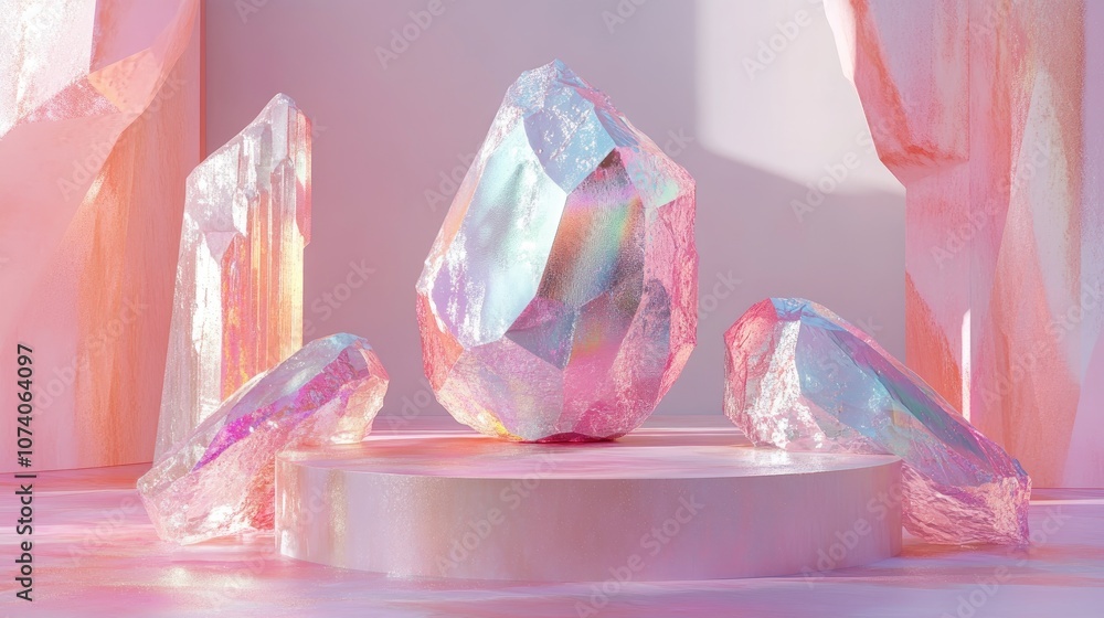 Poster stylish fashion podium backdrop for showcasing products featuring an abstract iridescent gemstone 3d