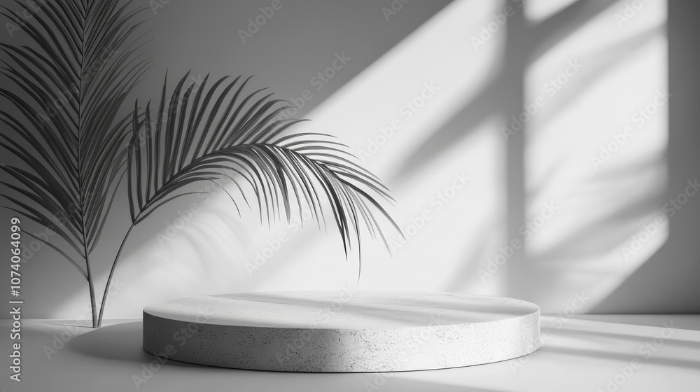 Poster monochrome palm leaf shadow background in an abstract minimal setting featuring geometric shapes and