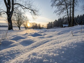 Captivating Low Light Photography of Fresh Snow Textures Blanketing the Ground in a Winter Landscape, Highlighting Soft Shadows and Subtle Reflections for a Serene Atmosphere