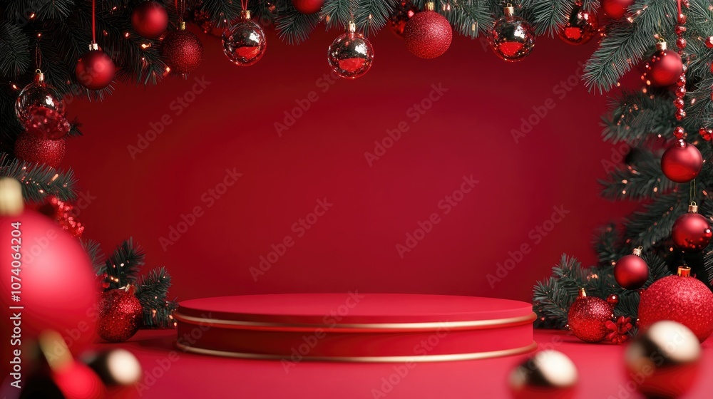Poster Red podium with a red background for festive presentations 3D rendering