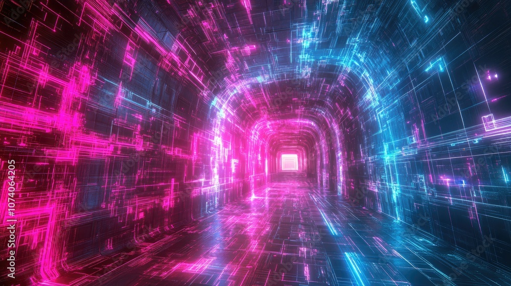 Aufkleber 3d rendering featuring glowing lines a tunnel with neon lights and an abstract background showcasing