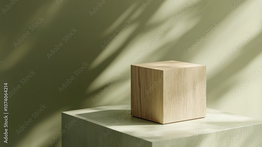 Poster podium mock up for showcasing products featuring a 3d rendered wooden cube on a green backdrop