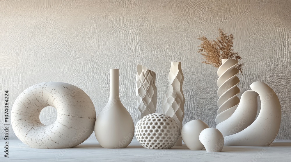 Poster volumetric arrangement of geometric forms in light hues 3d rendering