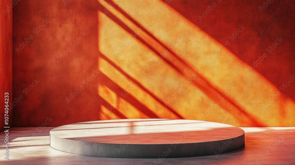 Aufkleber Step pedestal for showcasing and branding products Exhibition podium with a 3D background display featuring sunlight Abstract geometric composition with shadows on the wall 3D rendering