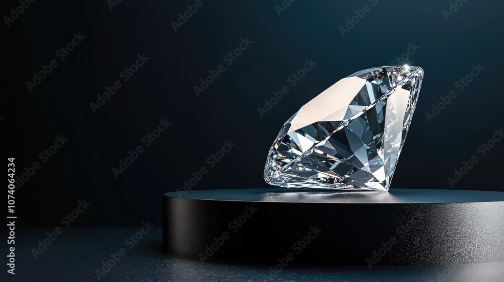 Poster Abstract diamond gemstone displayed on a dark podium background 3D rendering