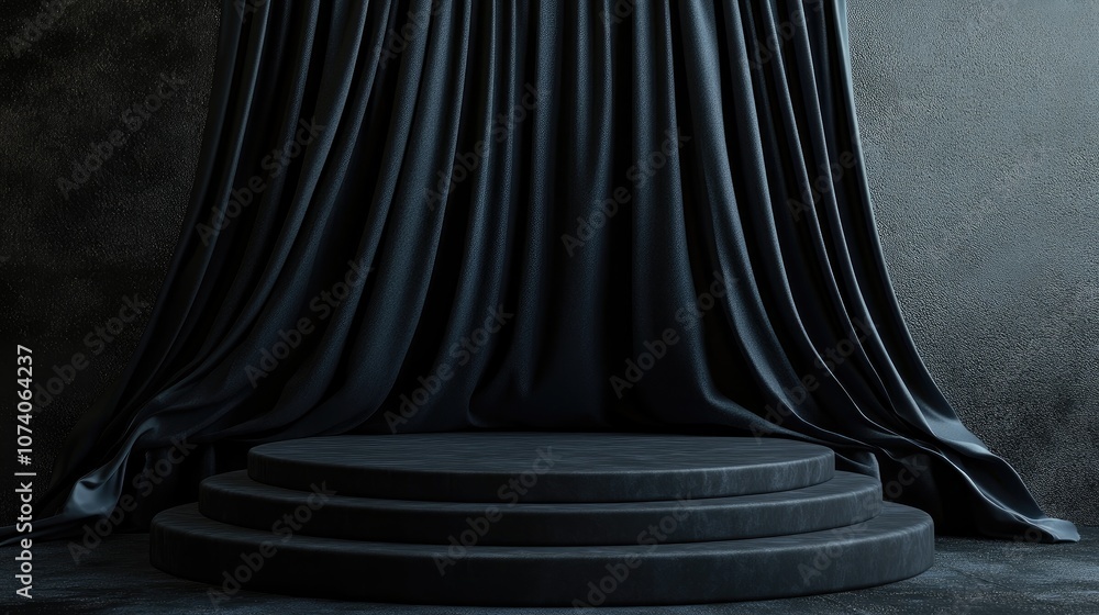 Poster empty podium draped in black cloth 3d rendering