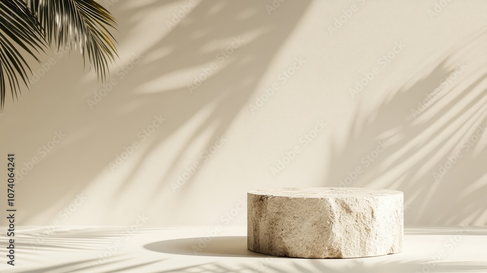 Poster 3d background featuring a stone pedestal on a natural palm leaf shadow against a soft beige backdrop
