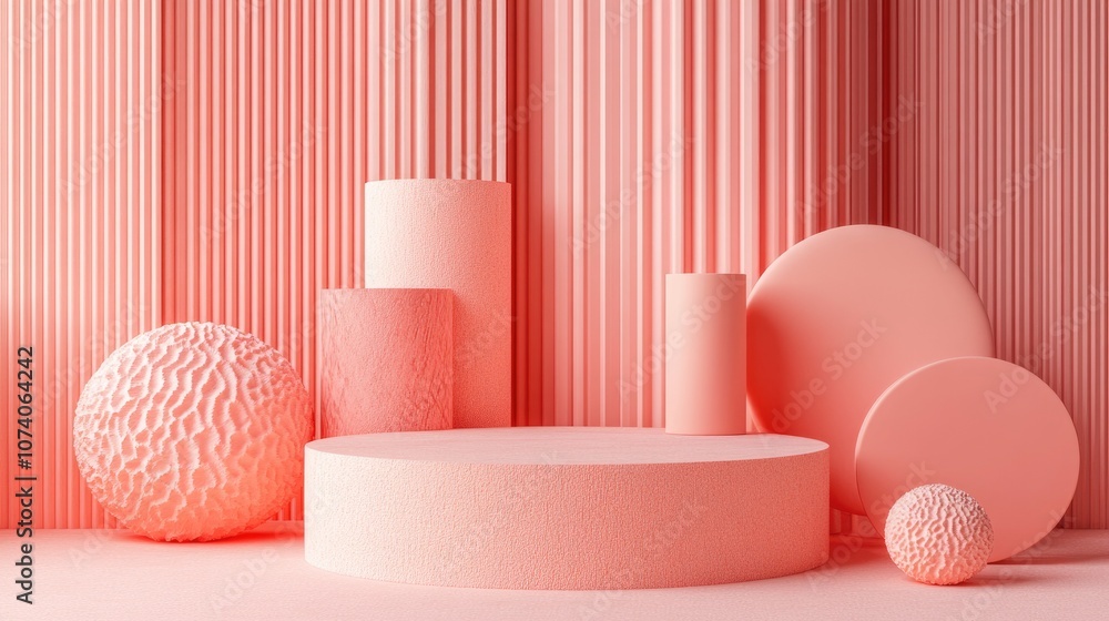 Poster 3D rendering of a minimal pink coral podium or pedestal for showcasing products accompanied by abstract geometric shapes including cylinders circles and cubes in the background