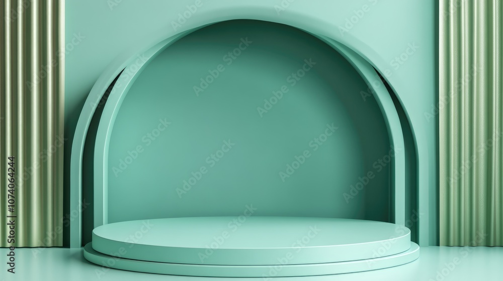 Poster 3D Minimalist Green Podium with Abstract Geometric Shapes Background for Product Display