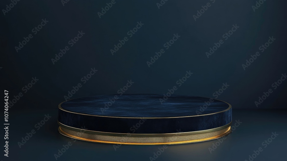 Aufkleber Dark blue 3D rendering of a luxurious display podium or stand on fabric featuring golden threads presented in a simple top down composition