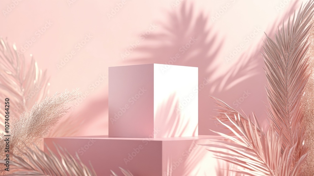 Poster Minimal composition featuring an empty pink pastel cube on a podium for product display accompanied by an abstract background Geometric shapes in soft hues are illustrated in 3D
