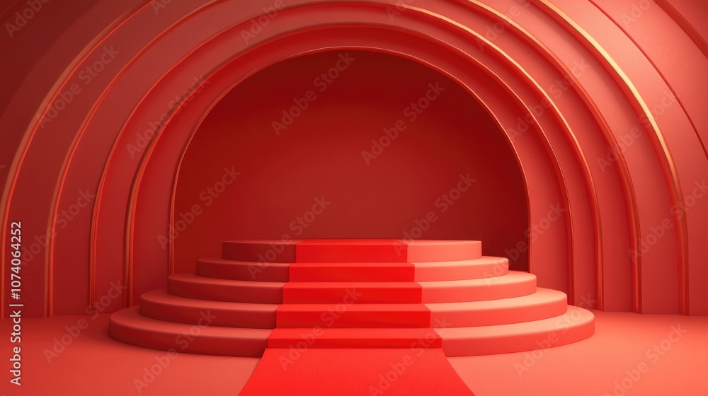Poster abstract podium displaying a mockup for an exhibition on stage featuring a red carpet 3d illustratio