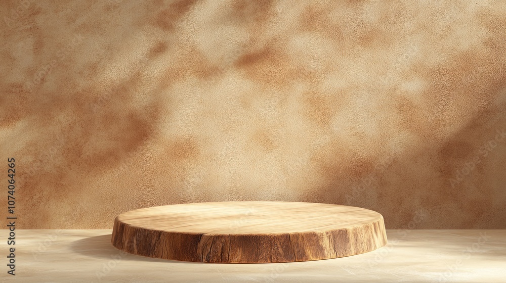 Poster 3d rendering of a rustic wooden podium on a beige floor with a warm earthen wall background ideal fo