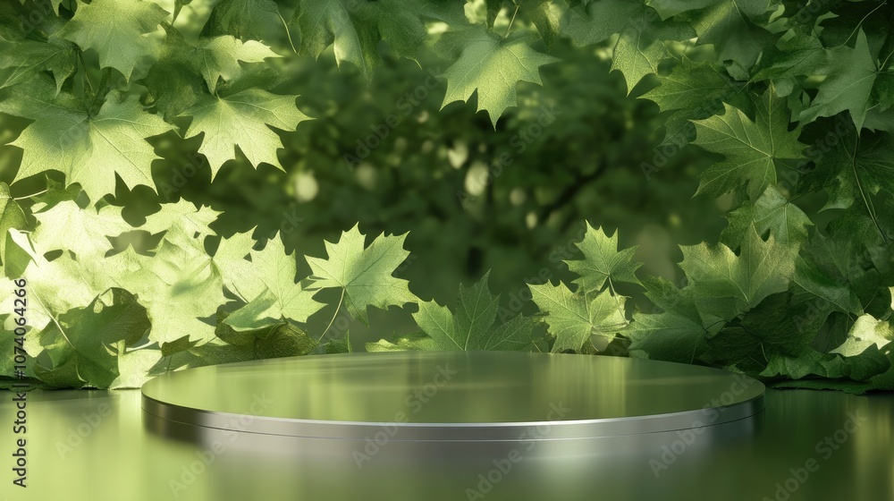 Poster green metallic podium stage background featuring maple leaves ideal for spring season presentation 3