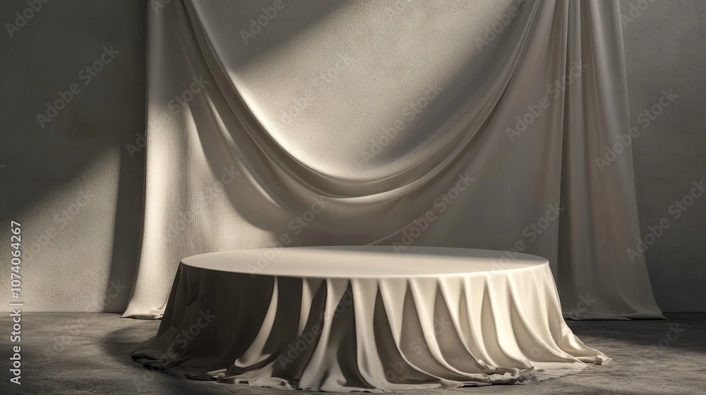 Poster circular 3d table with a silk drape and vacant podium