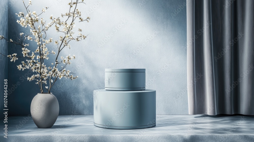 Poster Minimalist Blue Podium for product display against a backdrop featuring 3D rendering of geometric shapes ideal for showcasing awards in a contemporary setting
