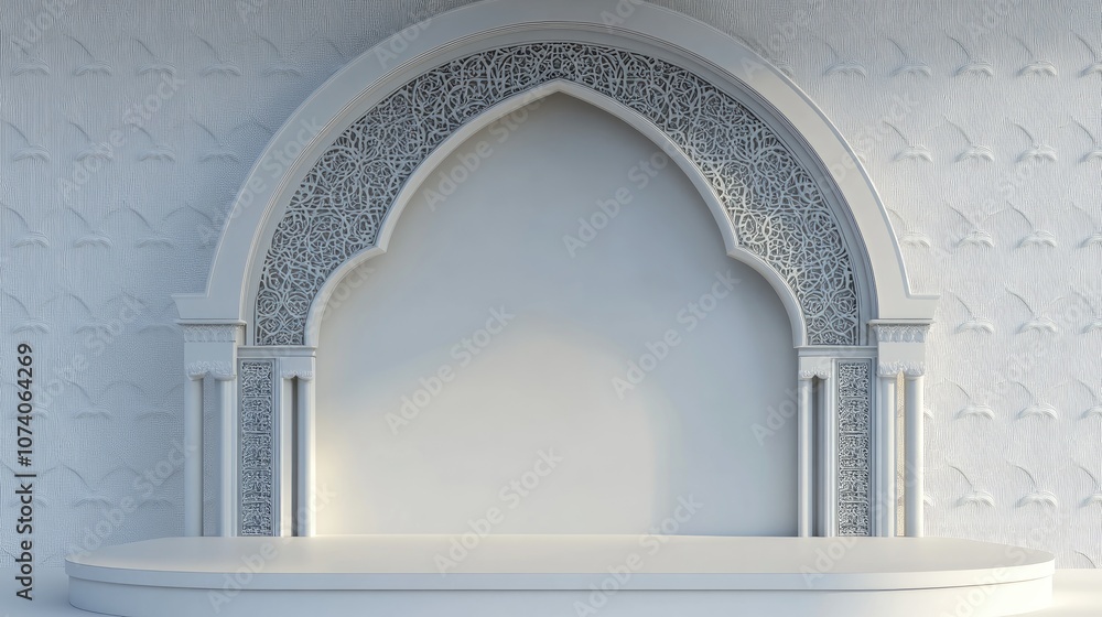 Poster step stage podium backdrop featuring an arabic arch design 3d rendering