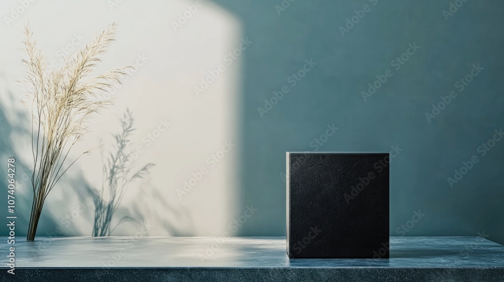 Poster black cube pedestal mockup background 3d rendering
