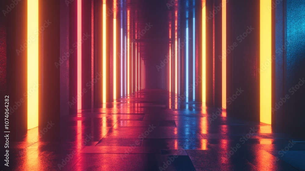Poster neon beams in a dark environment futuristic glowing lights in a sci fi style 3d rendering