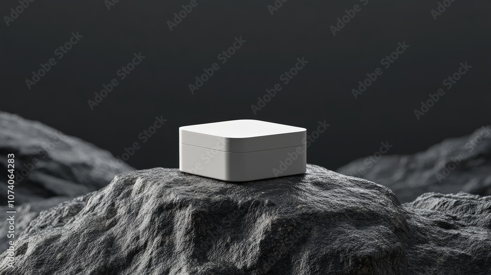 Poster Square cosmetic container on a rock surface with a black background 3D rendering