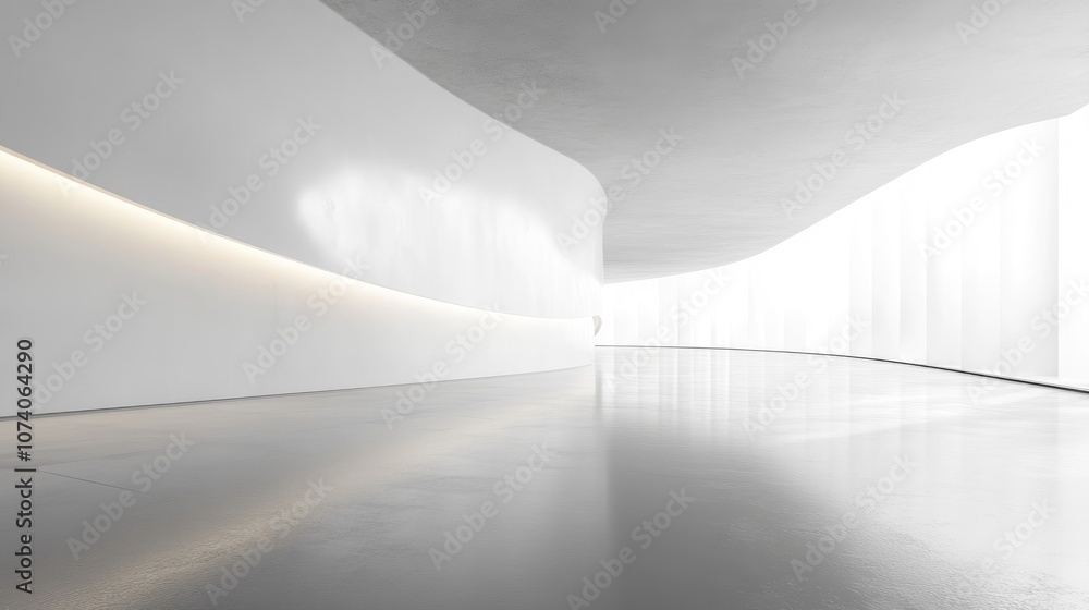 Leinwandbilder Abstract white space featuring a curved wall Modern empty showroom with flooring Conceptual background for the future 3D rendering