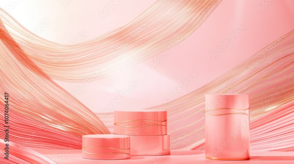 Poster bright neon salmon pink 3d rendering featuring three luxury cylindrical podiums against a wavy texti