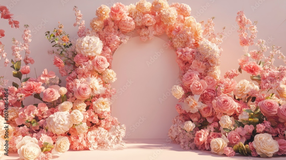 Poster floral arrangement featuring a geometric arch structure 3d rendering