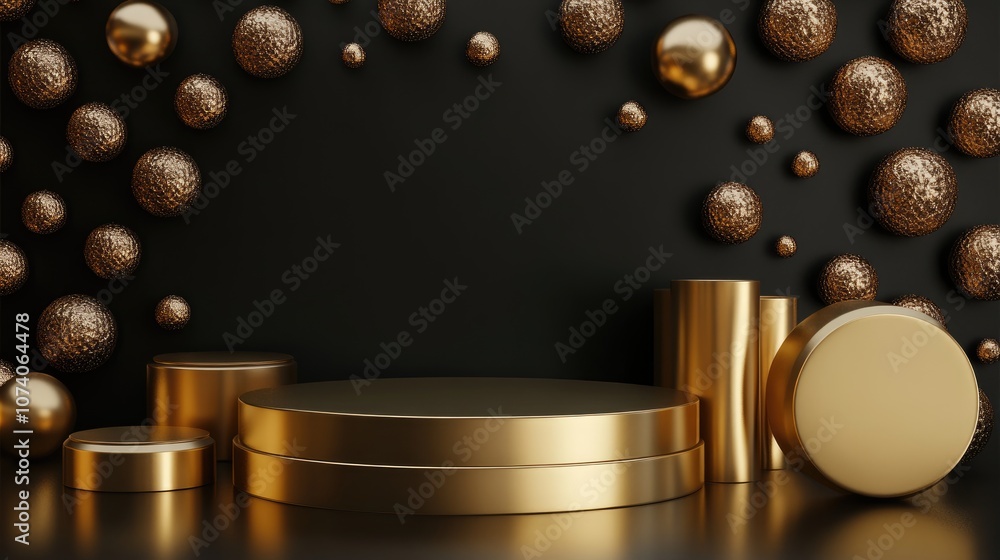 Poster gold empty product display podium on a black background featuring geometric shapes and spheres a rep