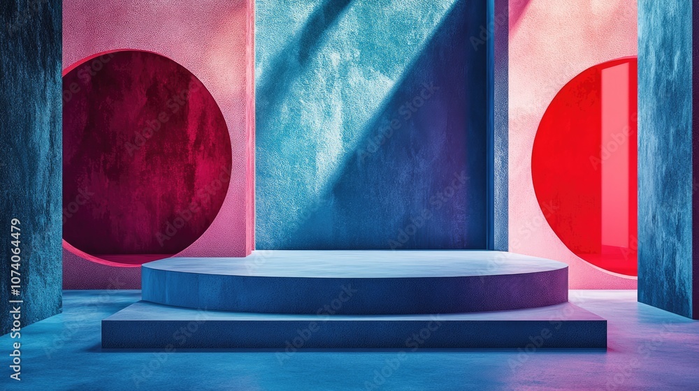 Poster Minimalist composition featuring a podium against an abstract backdrop Geometric shapes in blue and red hues 3D rendering showcasing geometrical elements and a textured surface suitable for cosmet
